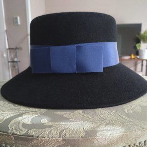 Vintage I.Magnin Black Wool Hat w/ Blue Ribbon Border